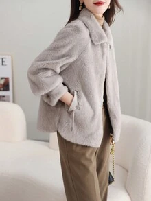 Solid Zip Up Fuzzy Coat - Grey - View 3