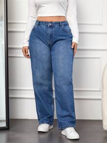 EURMUSE Jeans de cintura alta y pierna recta para tallas grandes - Azul - Ver 6
