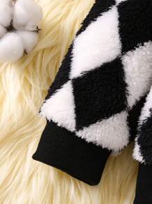 SHEIN Young Boy Argyle Pattern Hooded Teddy Jacket & Bag - Black and White - View 5