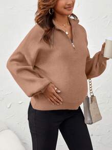 SHEIN 孕婦半拉鏈落肩袖套頭毛衣 - 珊瑚橙 - 查看 2