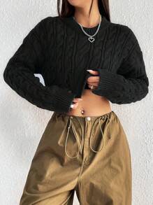 Flirla Women's Round Neck Drop Shoulder Long Sleeve Cropped Textured Knit Sweater - Black - View 4