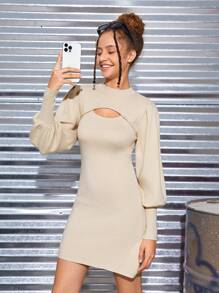 SHEIN Luźny, swobodny Dopasowane Długi Rękaw Stójka Suknie Dresowe - Kolor khaki - Zobacz 5