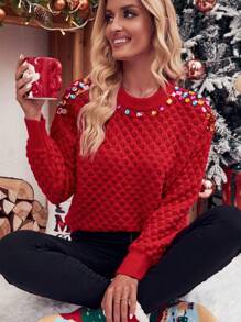 SHEIN Frenchy Rhinestone Detail Drop Shoulder Sweater - Red - View 1