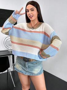 Flirla 加大码撞色落肩针织套头衫秋冬毛衣 - 彩色 - 查看 5