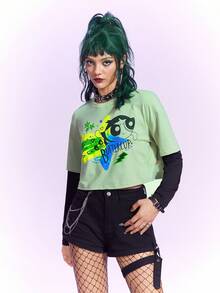The Powerpuff Girls | ROMWE 2 In 1 Cartoon Graphic Crop Tee - Multicolor - View 6