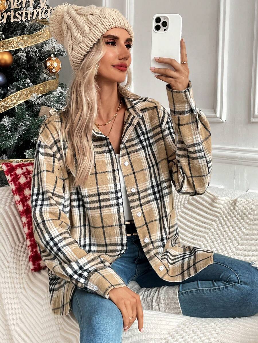SHEIN LUNE Plaid Print Drop Shoulder Shirt - Multicolor - View 1