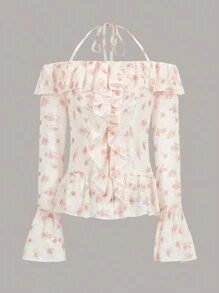 SHEIN MOD Floral Print Ruffle Trim Flounce Sleeve Blouse