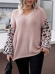 SHEIN LUNE Plus Leopard Pattern Drop Shoulder Sweater, For Winter Knit Pullover Fall Outfit Autumn