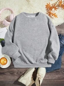 SHEIN Leap Crew Teen Girl Solid Drop Shoulder Sweatshirt,In Fall/Winter - Grey - View 1