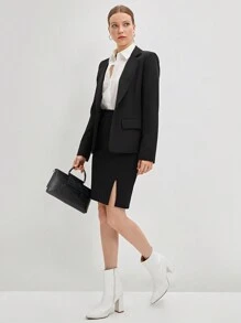 BizChic Women's Black Elastic Zipper Slit Hem Skirt, Urban Commute Business Casual Office Wear, Elegant Women's Formal Attire