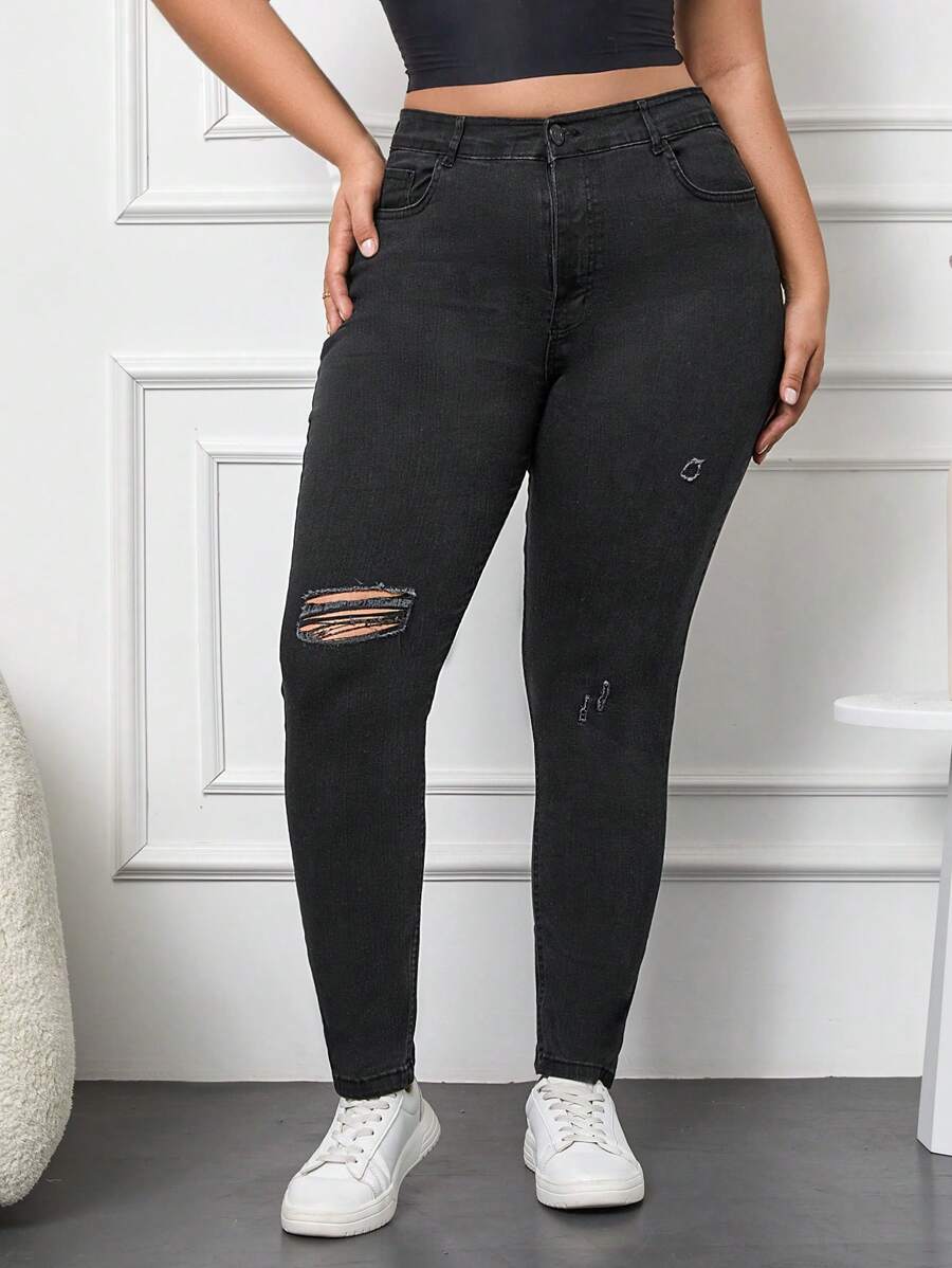 RueChic 大碼高腰破洞緊身牛仔褲 - 深灰色 - 查看 1