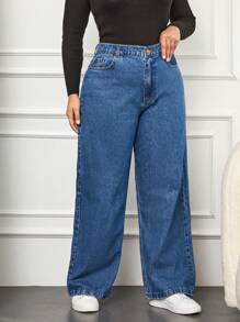 SHEIN Cottnline Plus High Waist Wide Leg Jeans - Blue - View 4