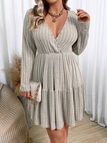 Franclia Plus Surplice Neck Ruffle Hem Dress Without Belt - Apricot - View 1