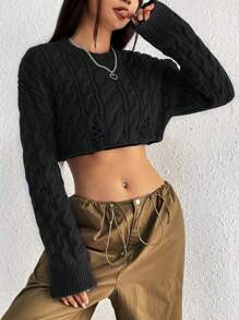 Flirla Women's Round Neck Drop Shoulder Long Sleeve Cropped Textured Knit Sweater - Black - View 7