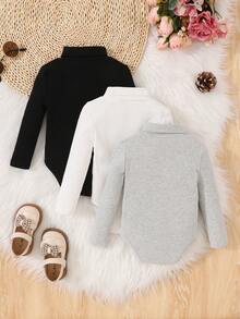 SHEIN Đứa bé gái 3pcs Đồ đan Ribbed Áo cao cổ Áo liền quần chặt - Đen và trắng - Xem 2