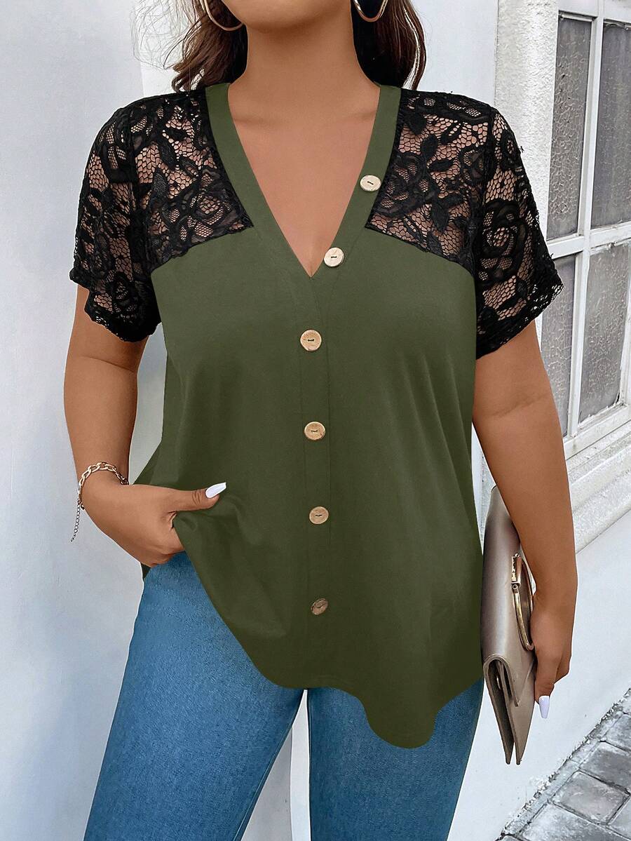 SHEIN Clasi Hơn Ren tương phản Nút phía trước Áo thun - xanh quân đội - Xem 1