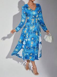 SHEIN Privé Allover Print Ruffle Trim Dress - Blue - View 4
