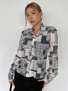 DAZY Colorblock Button Front Shirt Long Sleeve Top - Grey - View 4