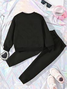 SHEIN 女小童卡通圖案加絨內裏衛衣和衛褲