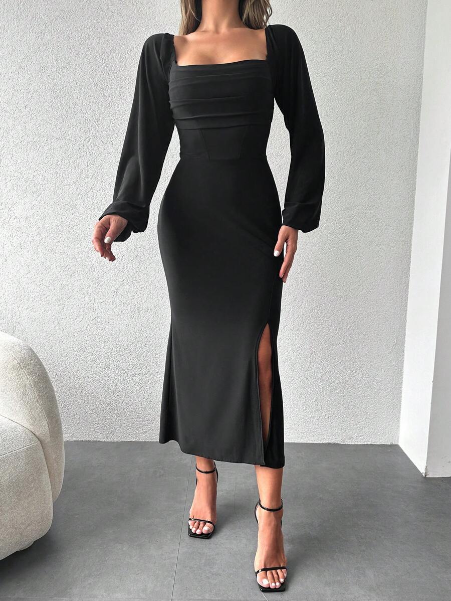 SHEIN Cottnline Square Neck Lantern Sleeve Split Thigh Dress - Black - View 1