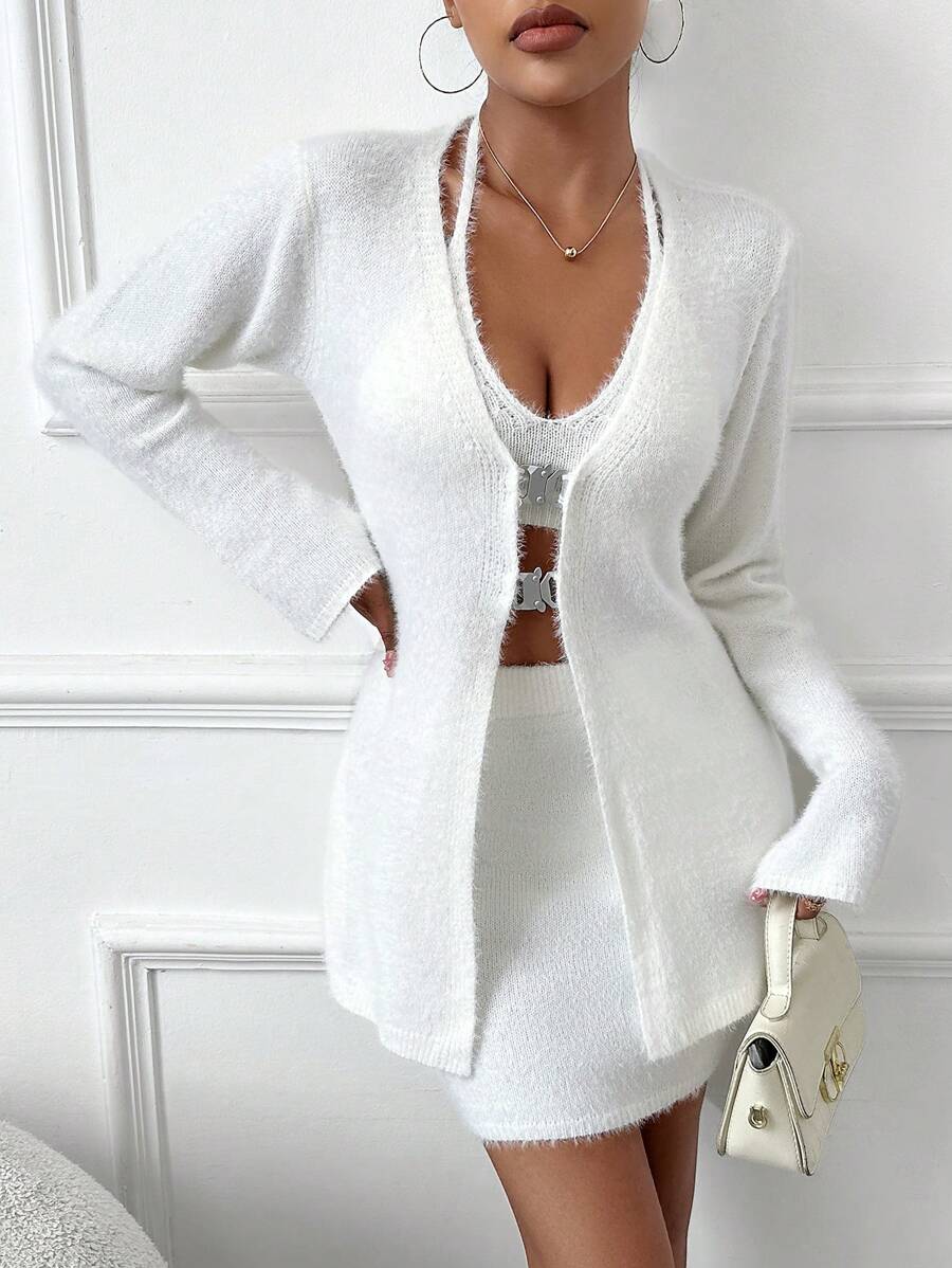 Zolique Unicolore Top En Tricot À Fines Brides & Jupe En Tricot & Cardigan - Blanc - Voir 1