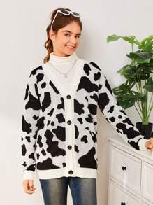 Teen Girl Cow Pattern Button Front Cardigan - Black and White - View 6