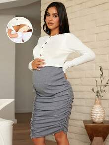 SHEIN Maternidad Vestido ajustado de cintura ajustable fruncido amamantamiento - Gris - Ver 4