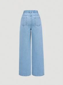 SHEIN Tween 女童蝴蝶印花街头风格休闲宽松直筒牛仔裤 - 中等水洗藍 - 查看 2