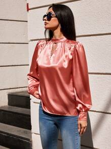 RueChic Keyhole Neckline Lantern Sleeve Satin Blouse - Coral Pink - View 4