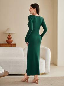 Mulvari Solid Button Front Scoop Neck Ribbed Knit Sweater Dress - Green - View 2