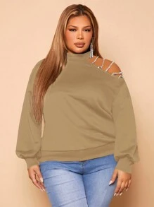 SHEIN SXY 大碼不對稱領落肩袖運動衫 - 駝色 - 查看 1