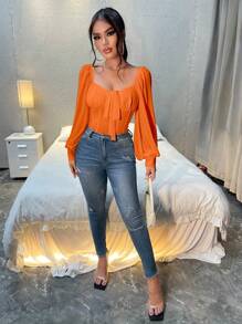 SHEIN SXY Sweetheart Neck Lantern Sleeve Knot Front Crop Blouse Going Out Tops - Orange - View 3
