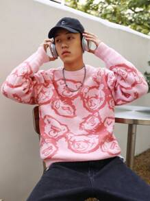 Manfinity Hypemode Men Bear Pattern Drop Shoulder Sweater - Pink - View 7