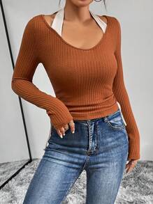 SHEIN Essnce 側抽繩後綁帶繞頸T恤 - 棕色 - 查看 3