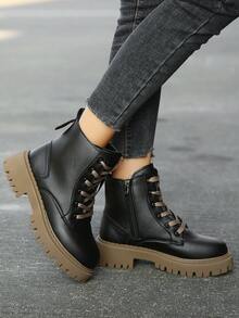 Hàng mới đến 2023 Của phụ nữ Chóp giầy tròn Dày Đế Dây kéo bên Mặt trước Lace-up Giữa bắp chân Chống trượt Thoải mái Thời trang Moto Giày ống Đối với Mùa thu Và Mùa Đông - màu đen - Xem 7