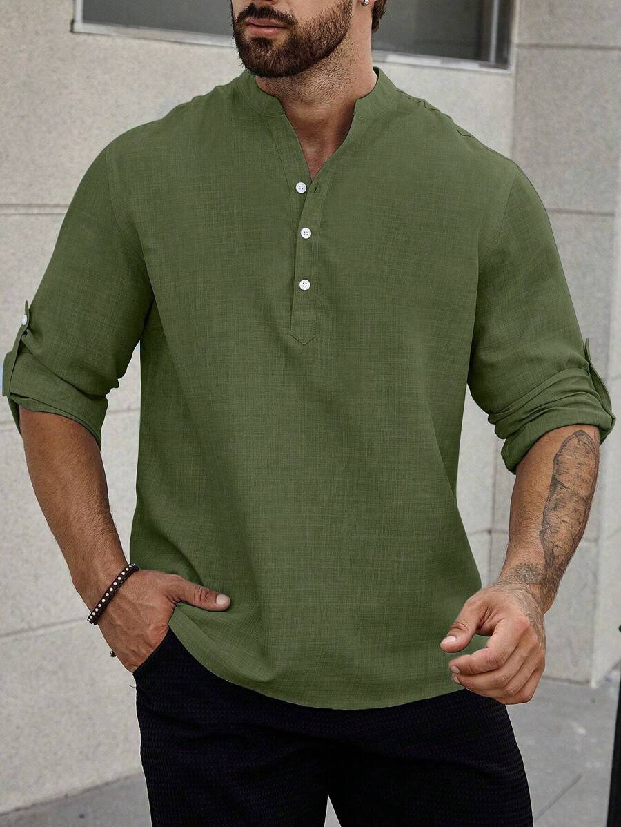 Manfinity Homme Camisa De Manga Larga Para Hombres Con Botones En La Parte Delantera Y Pestañas En Las Mangas - Verde militar - Ver 1