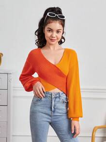 Teen Girl Two Tone Crossover Sweater
