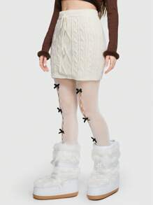 ROMWE Kawaii Bow Knot Front Cable Knit Sweater Skirt - White - View 5