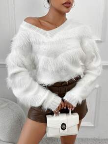 Allurite 毛茸邊落肩袖套頭毛衣 - 白色 - 查看 4