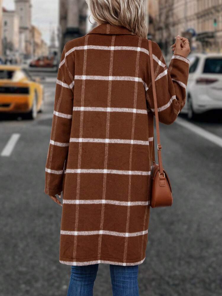 Plaid Print Drop Shoulder Pocket Patched Overcoat