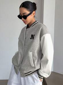 DAZY Letter Graphic Striped Trim Drop Shoulder Two Tone Bomber Jacket - Grey - View 2