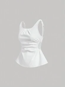 SHEIN MOD 素色褶邊腰部鏤空上衣 - 白色 - 查看 5