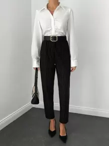 RueChic Striped Print Pants Without Belt - Black and White - View 5