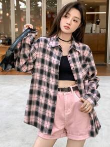 DAZY Áo cánh rộng vai trễ kẻ caro kẻ caro - Hồng - Xem 9