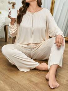 加上落肩系带上衣和裤子睡衣套装/睡衣套装 - 杏色 - 查看 1