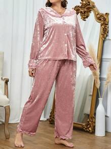 加蕾丝边天鹅绒睡衣套装/睡衣套装 - 藕粉色 - 查看 5