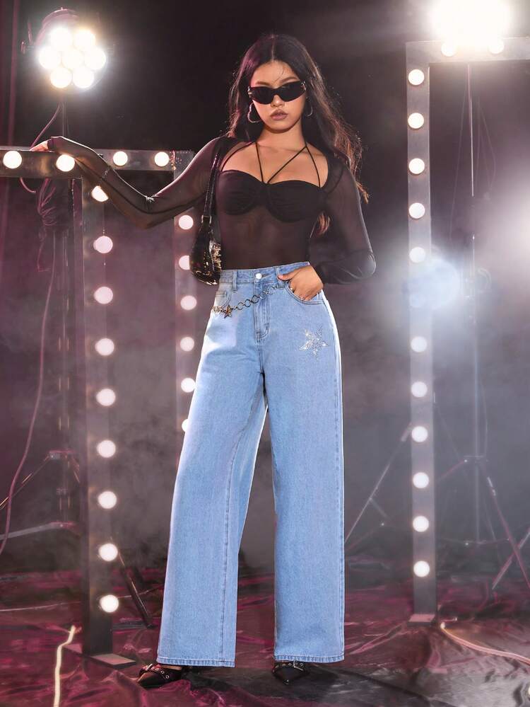 SHEIN 高腰蝴蝶圖案闊腿牛仔褲 - 淺色水洗藍 - 查看 5