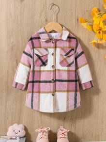 SHEIN Baby Girl Plaid Flap Pocket Button Front Overcoat - Multicolor - View 1