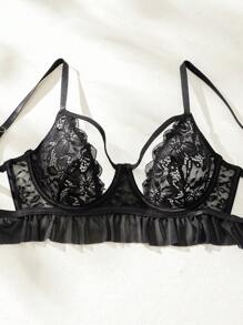 SHEIN Blumenspitze, Bügel, Strumpfband, Dessous Set mit mit 1 Paar Beinring - Schwarz - Übersicht 5