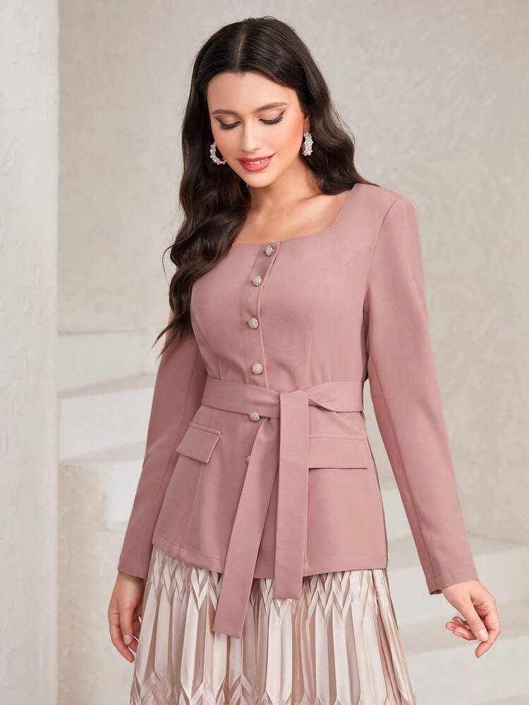 Square Neck Flap Detail Belted Coat Fall Cloth For Women